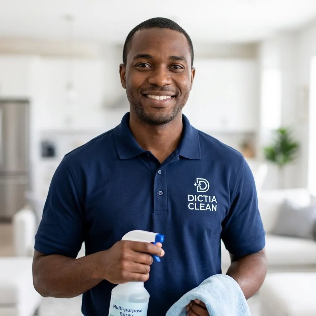 Portrait of a smiling Dictia Clean cleaner in a navy uniform holding a spray bottle and cloth