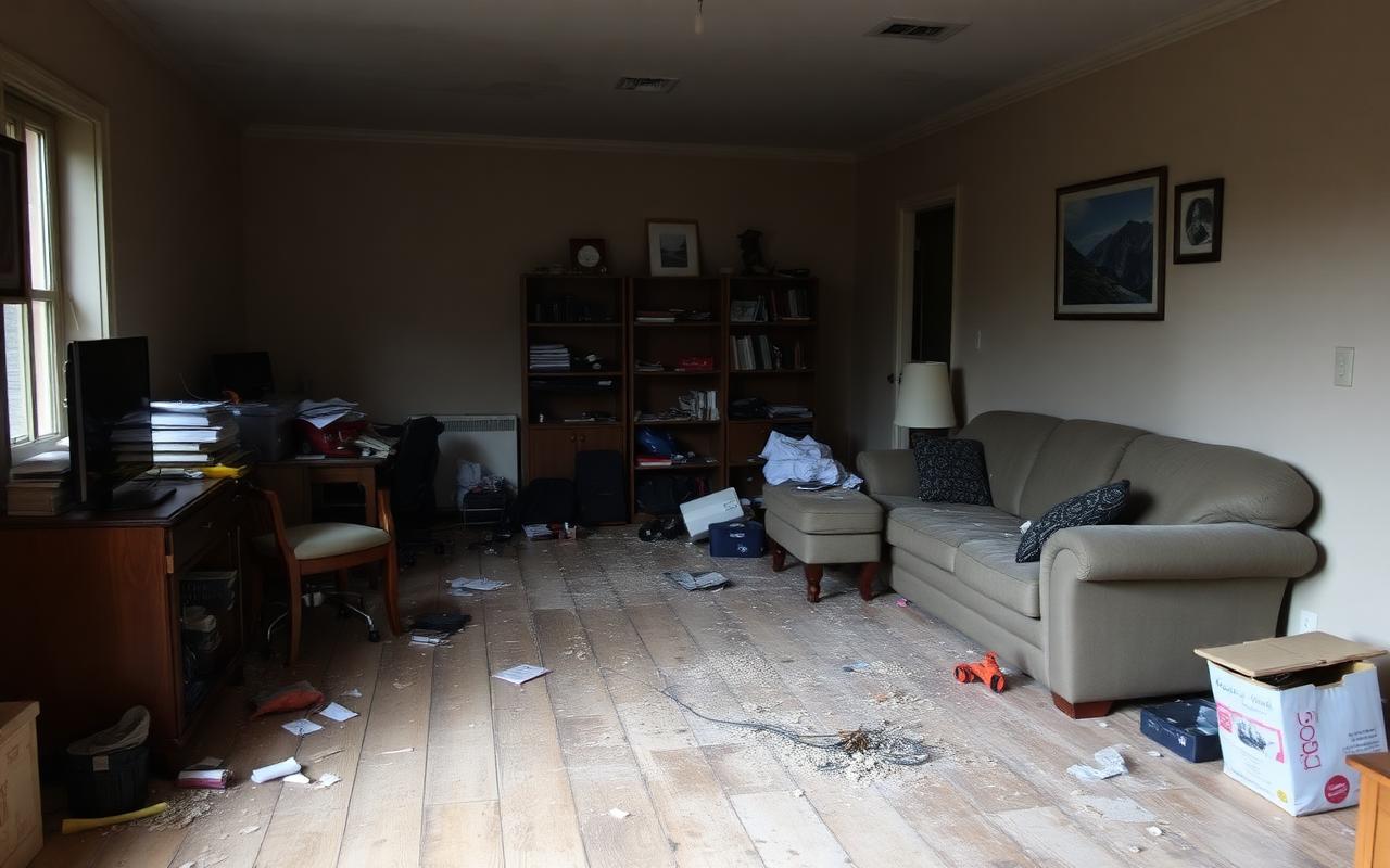 The same living room before cleaning — cluttered and dusty